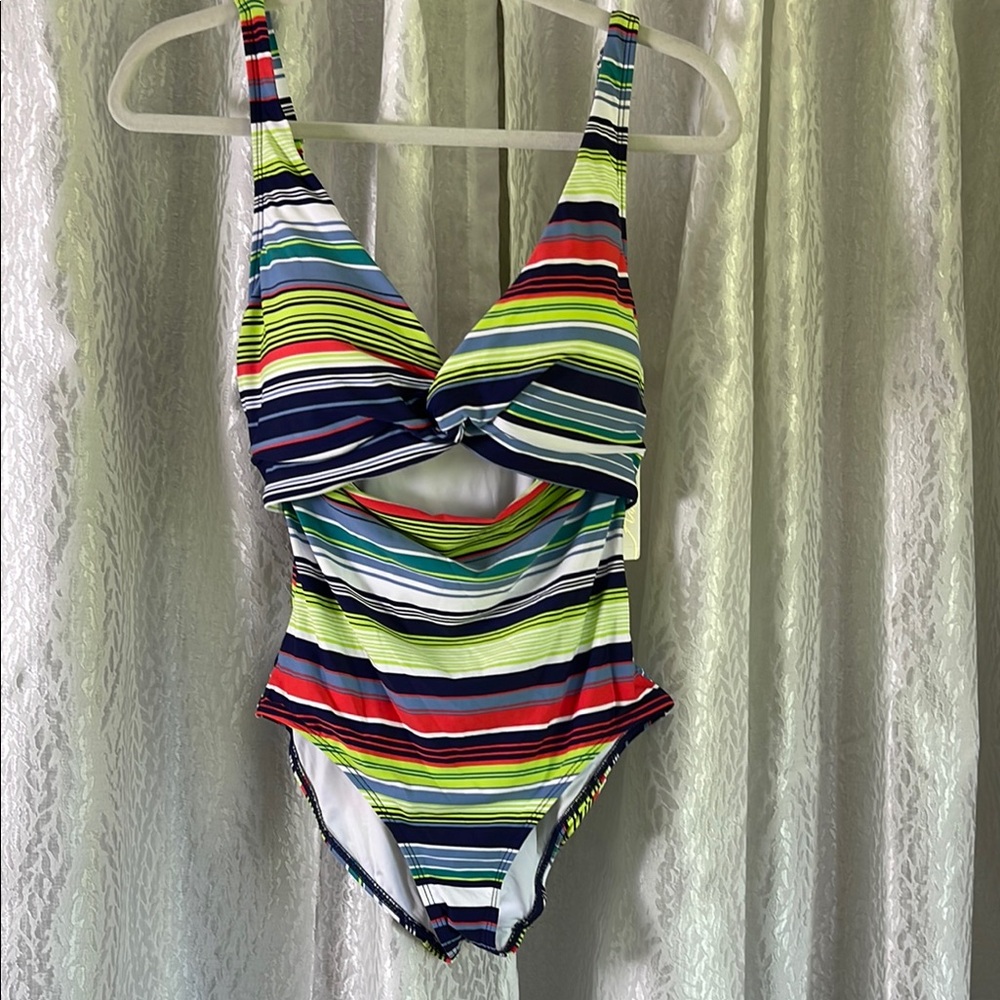 Anne Cole Swimsuit Multicolor Striped One Piece w/ Cutout size 12 NWT